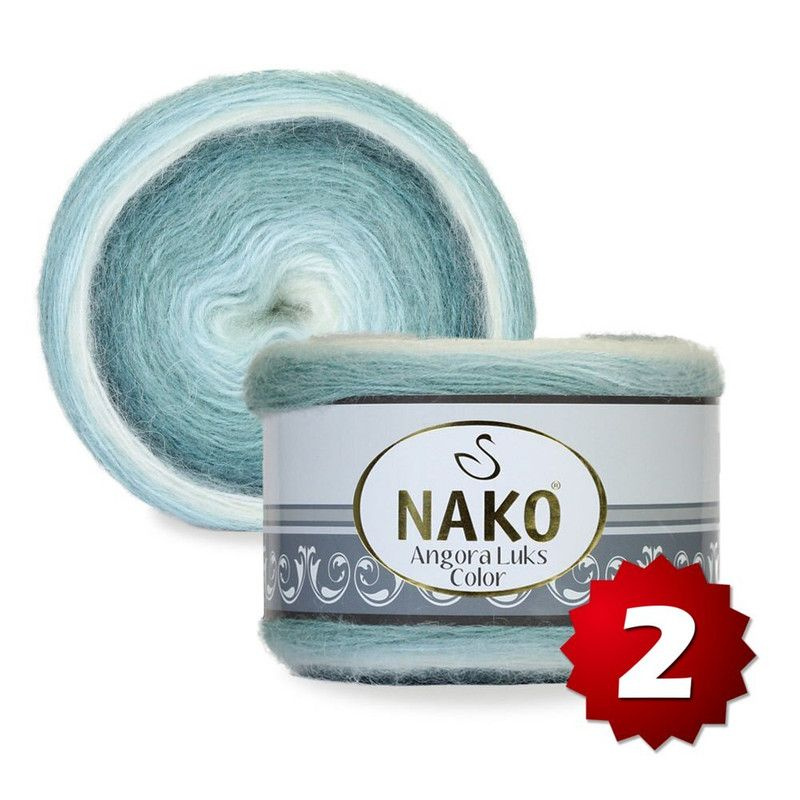 Пряжа Nako Angora Luks Color -2 шт, бирюза/белый/серый (82362), 810м/150г, 5% мохер, 15% шерсть, 80% #1