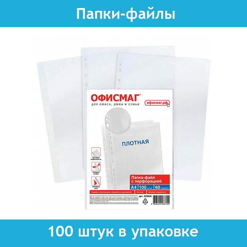 Папки-файлы перфорированные А4 ОФИСМАГ, матовые, плотные, 60 мкм, 100 штук в упаковке  #1