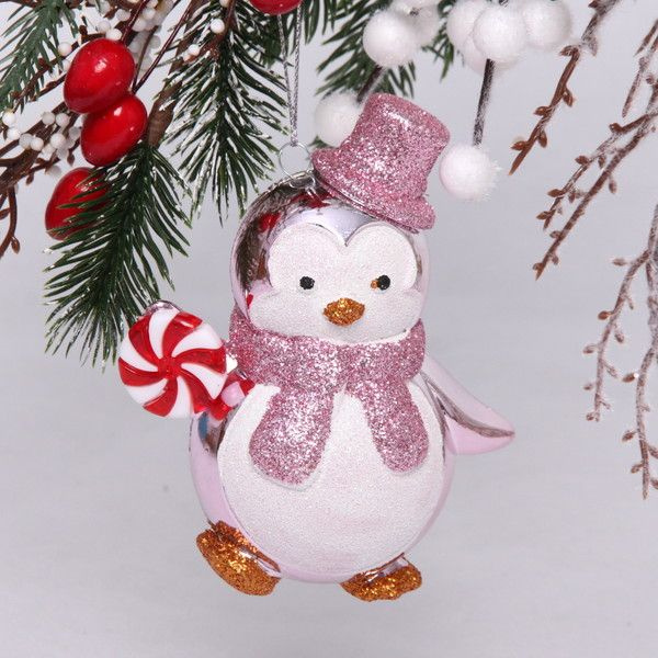 Ёлочная игрушка "Пингвин с леденцом" 10х6х11 см, розовый #1