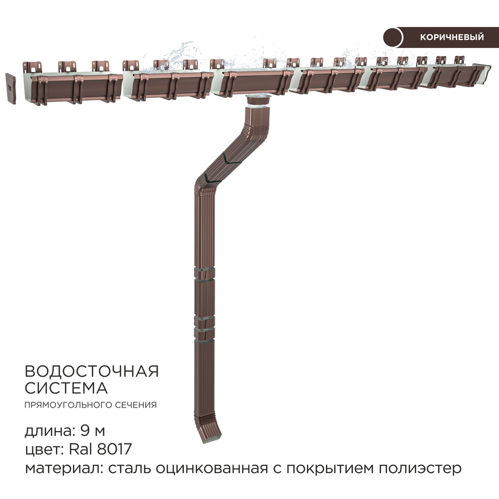 Прямоугольная водосточная система металлическая / Комплект на 9 метров ...