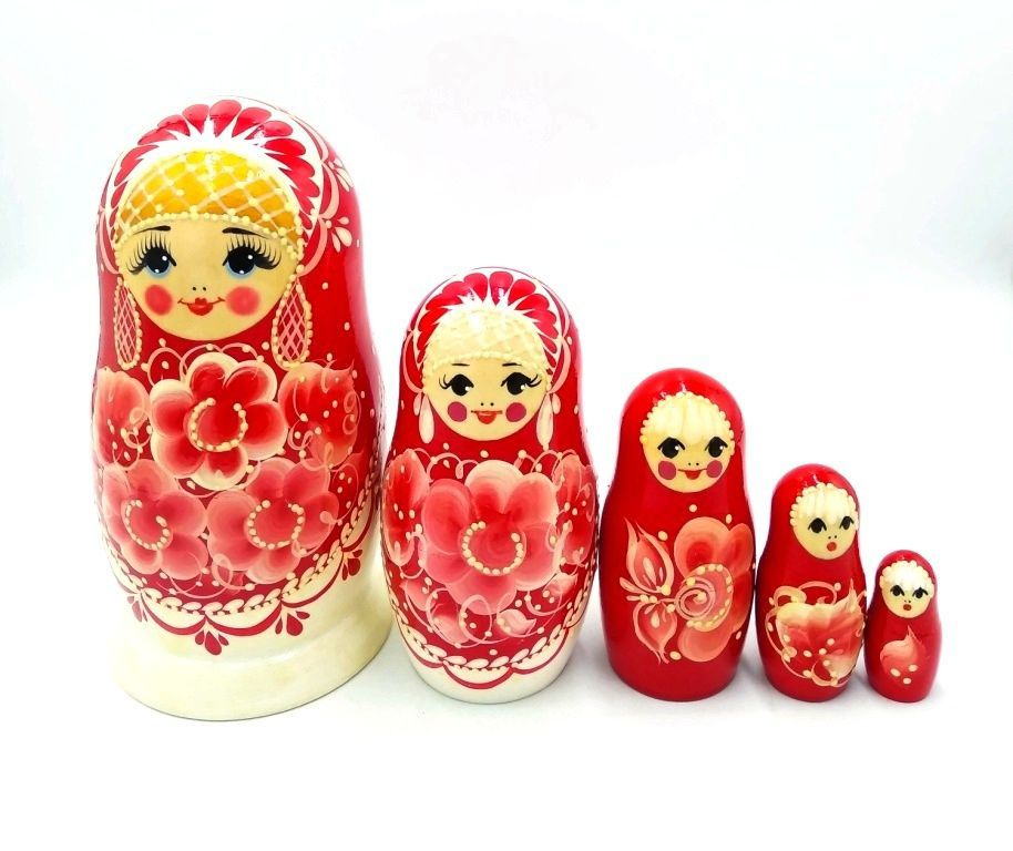 Матрешка деревянная 5 мест 18 см Красно-белая, детская, авторская. Русский сувенир подарок ребенку на #1