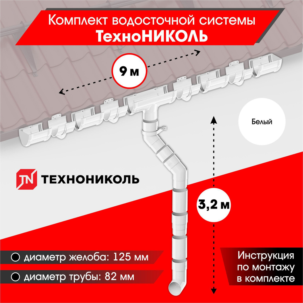 Водосточная система для крыши комплект ТехноНИКОЛЬ RAL 9003 водосток для  крыши дома для ската 9м, белый