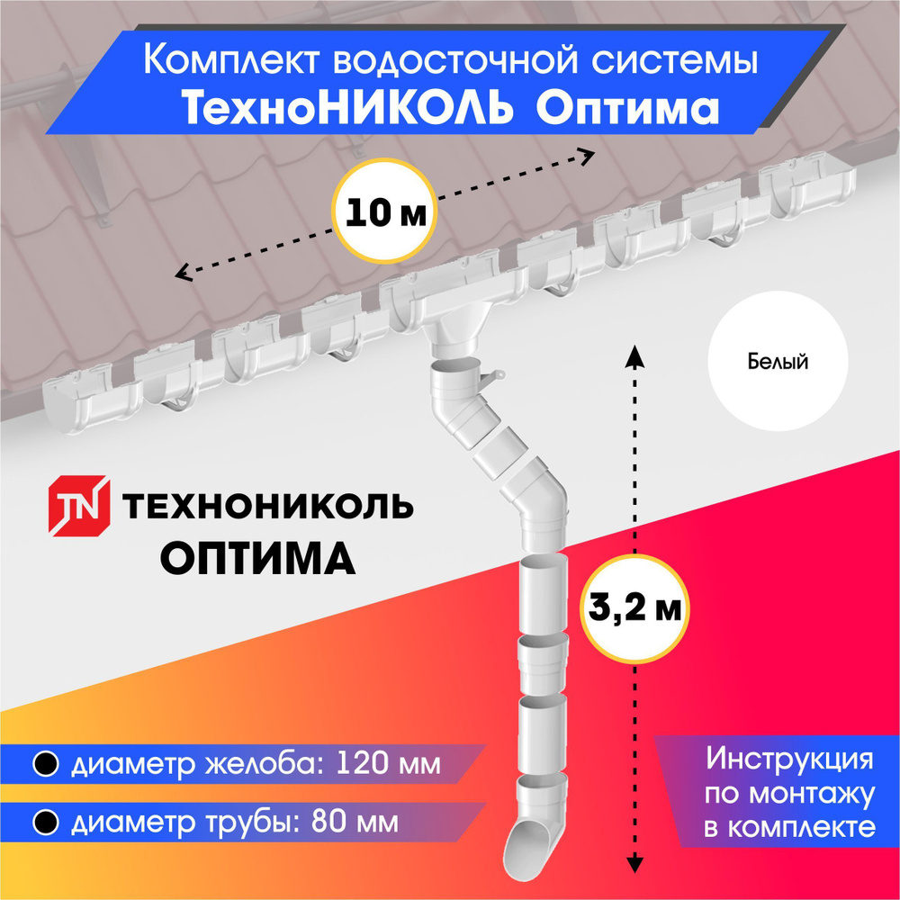 Водосточная система для крыши комплект 120/80 ТехноНИКОЛЬ Оптима RAL 9003  водосток для крыши дома для ската 10м, белый