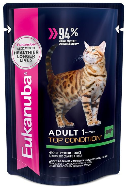 Влажный корм Eukanuba Cat пауч для взрослых кошек с говядиной (кусочки в соусе) 85 г.  #1