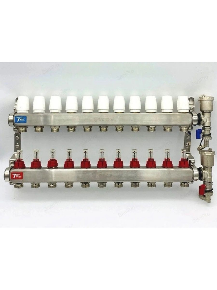 Коллектор для теплого пола 11 выходов с расходомерами без кранов 1"x3/4" нерж. ViEiR  #1