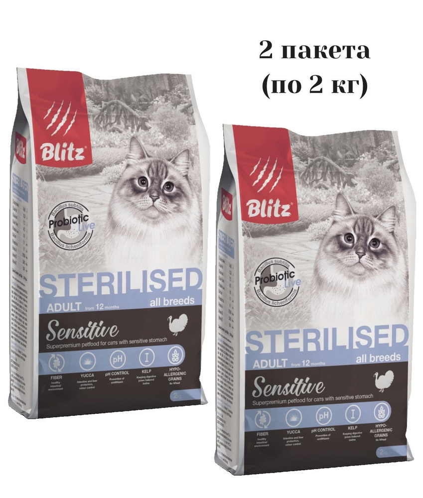 Корм сухой BLITZ Sensitive Turkey Adult Cats Sterilised 2 кг (2 шт) для стерилизованных кошек (индейка) #1