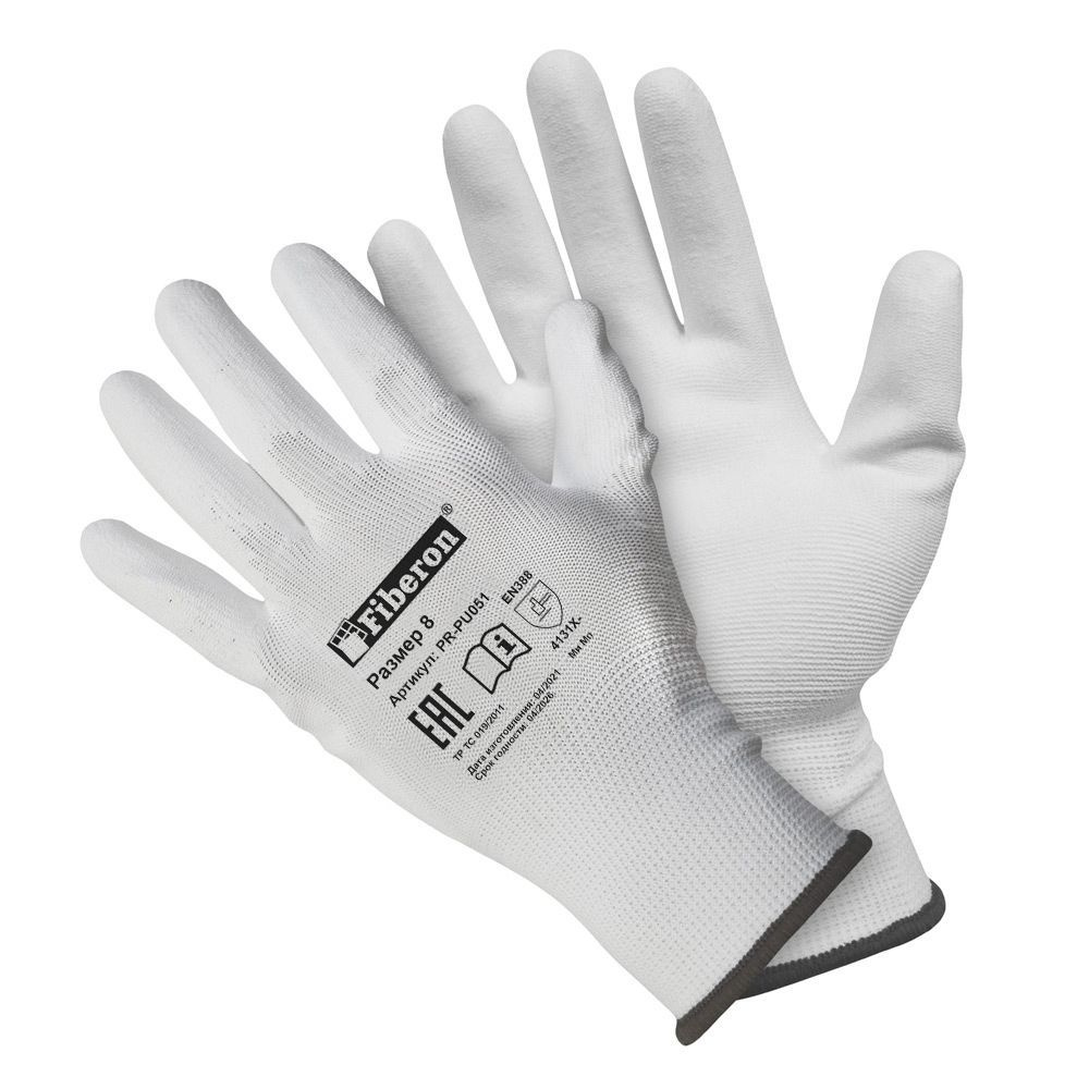 6 пар Перчатки Для точных работ полиэстер с полиуретановым покрытием , белый, 9 (L) Fiberon Фиберон  #1
