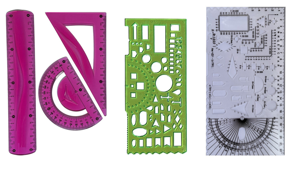 Набор линеек офицерских, 5 шт, треугольник, линейка, транспортир + зеленая + курсантская, бесцветная #1
