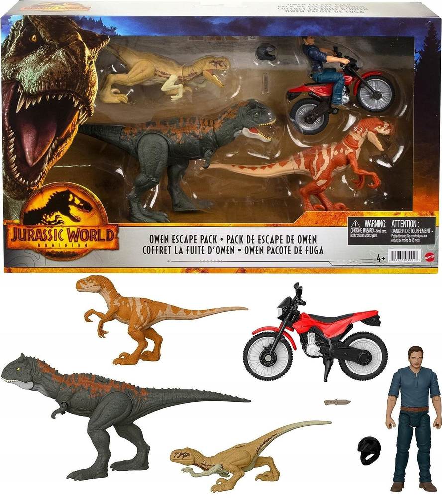 Фигурка Динозавра Mattel Jurassic World - Мир Юрского периода - Фигурка  Оуэна с 3 динозаврами HFG64