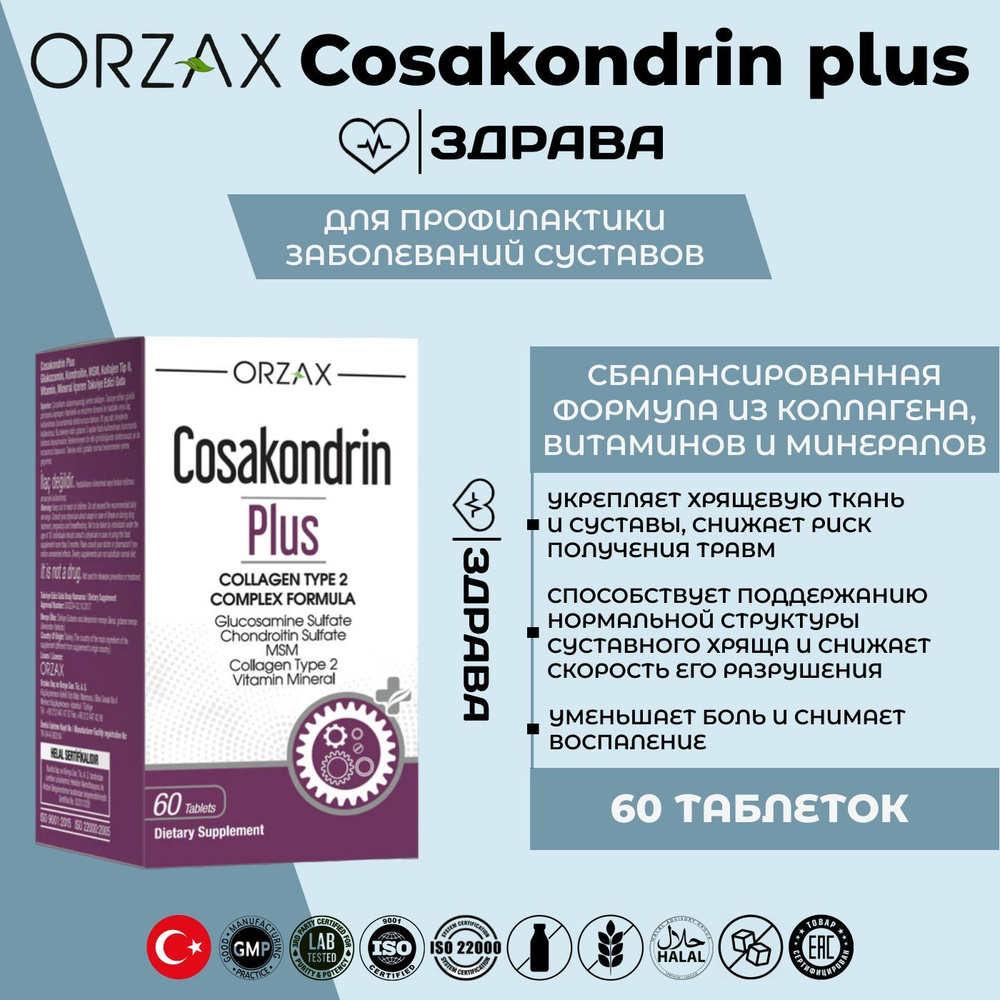 Orzax Cosakondrin plus / Орзакс Косакондрин плюс / Глюкозамин, Хондроитин,  МСМ, 60 таблеток - купить с доставкой по выгодным ценам в интернет-магазине  OZON (1150590240)