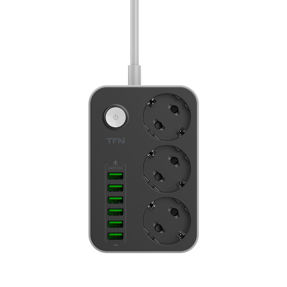 Сетевой фильтр удлинитель с USB зарядкой TFN POWER 7, тройник для розетки, черный  #1