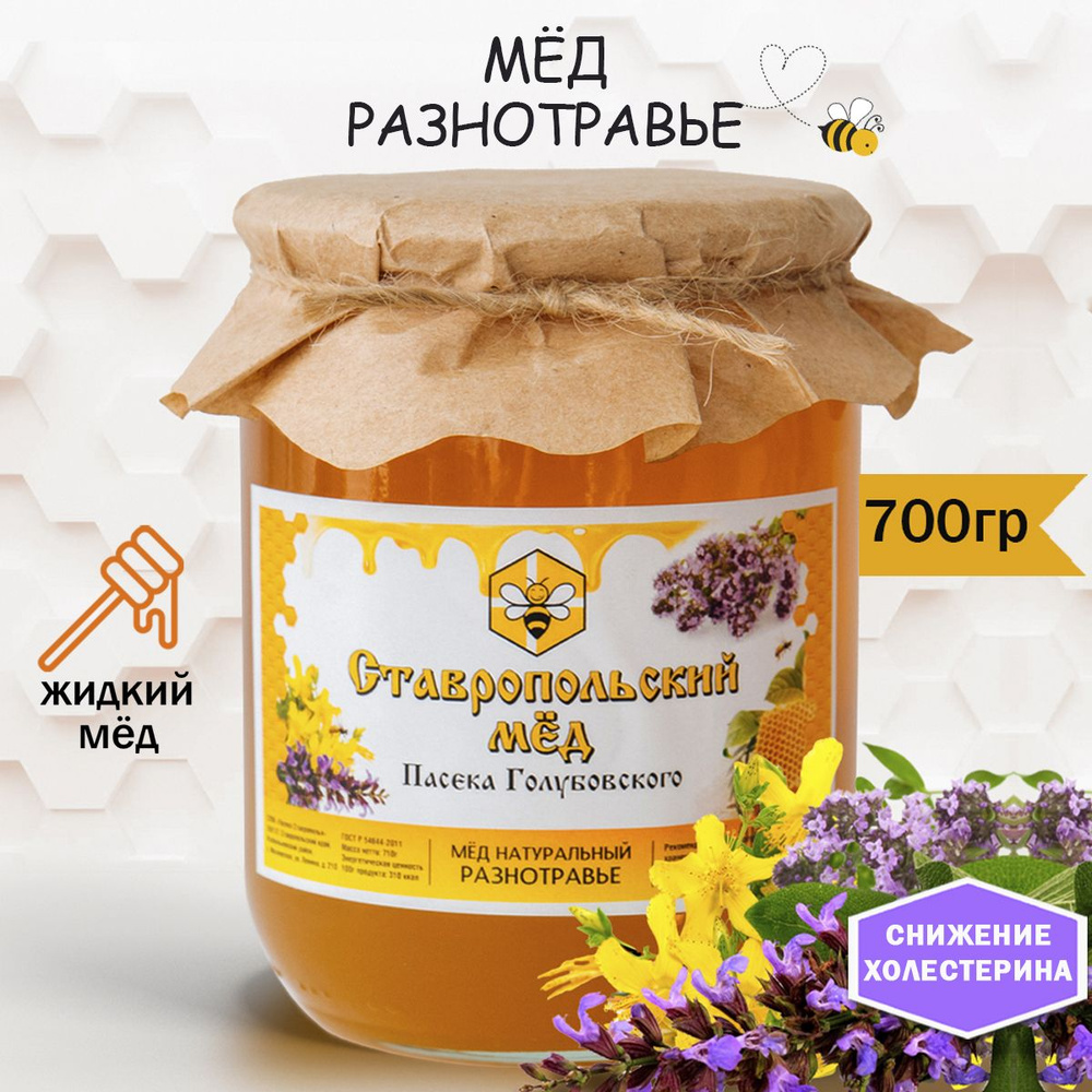 Мед разнотравье натуральный, луговой мед, жидкий мёд 700г  #1