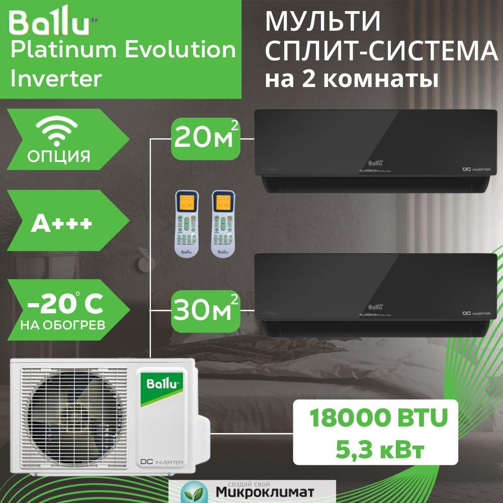 Инверторная мульти сплит-система BALLU на 2 комнаты 20м2+30м2  BSUI-FM-09HN8(BL)+BSUI-FM-12HN8(BL)/BA2OI-FM-18HN8 - купить по доступным  ценам в интернет-магазине OZON (877176315)