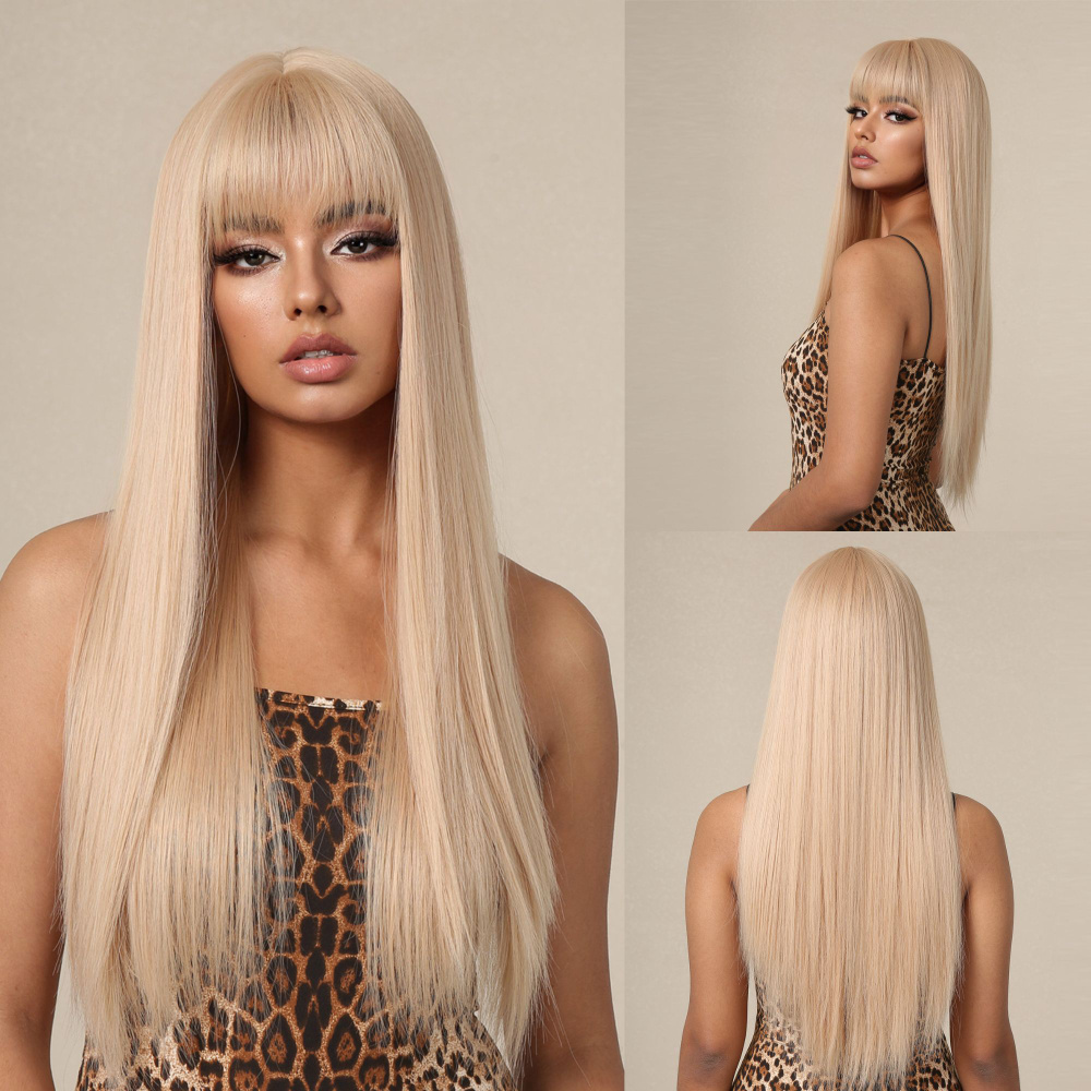 Парик женский с длинными прямыми волосами с челкой, 80 см, блондинка, искусственные волосы  #1