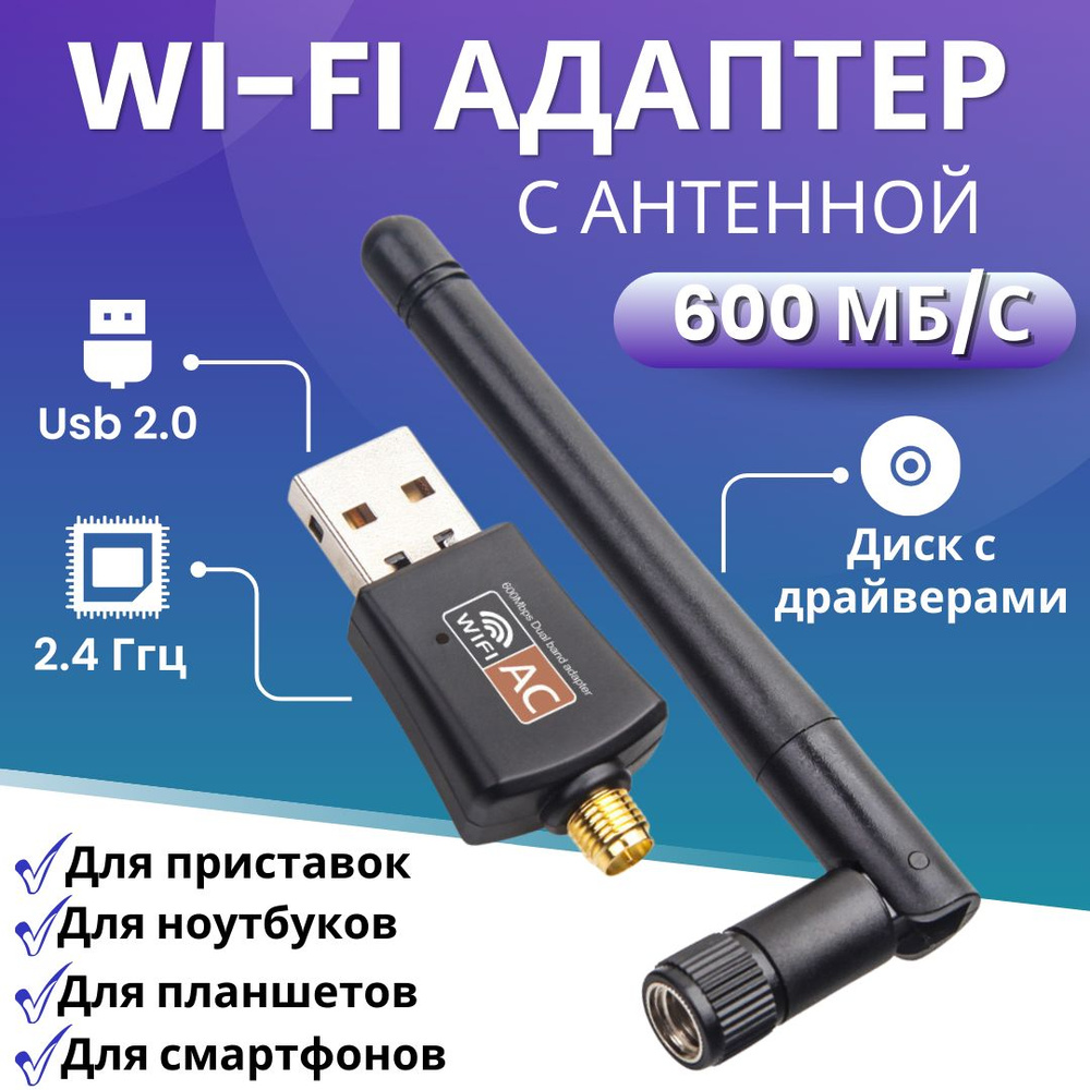 Wi-Fi-адаптер для компьютера 2.4 ГГц с антенной (беспроводной Wi-Fi модуль)  для DVB-T2 приставок, ноутбуков (802.IIN USB 2.0, до 600 Mbit/s) - купить с  доставкой по выгодным ценам в интернет-магазине OZON (1388434491)