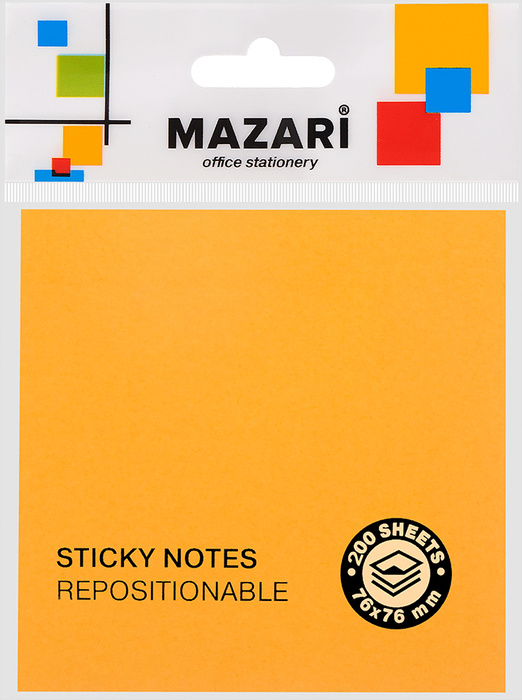 Бумага для заметок с клеевым краем Mazari, 76 х 76 мм, 200 листов, 4 ...