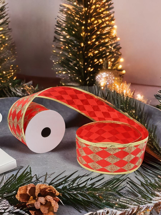 Лента упаковочная для подарков и декора атласная красный/золото 5 см*10 ...