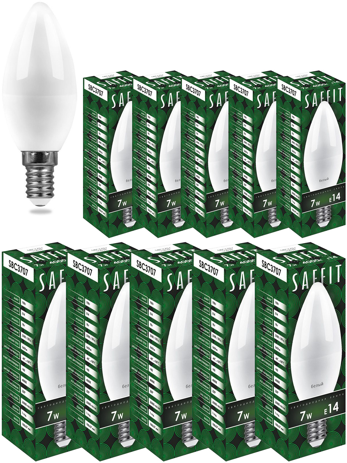 Лампа светодиодная SAFFIT SBC3707 Свеча E14 7W 6400K 55169 10 штук