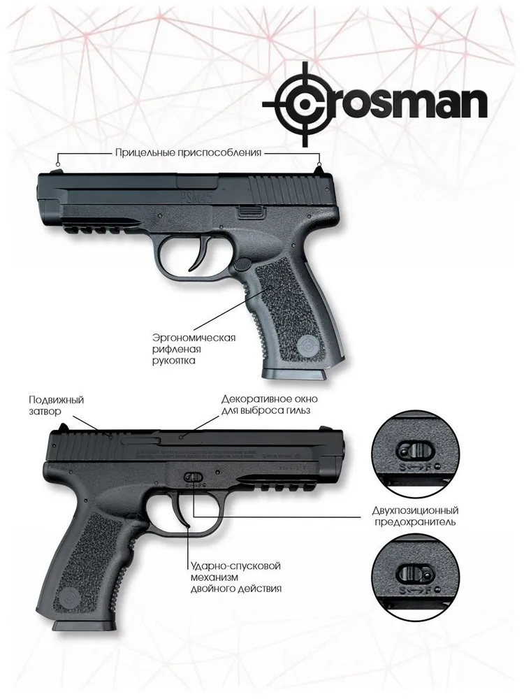 Пневматический пистолет Crosman PSM45 пружинно-поршневой, кал. 4,5 мм, черный, с магазином, черный, фото 3