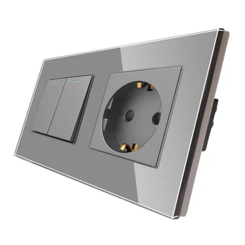 Выключатель двухклавишный с розеткой , рамка закаленное стекло Серый