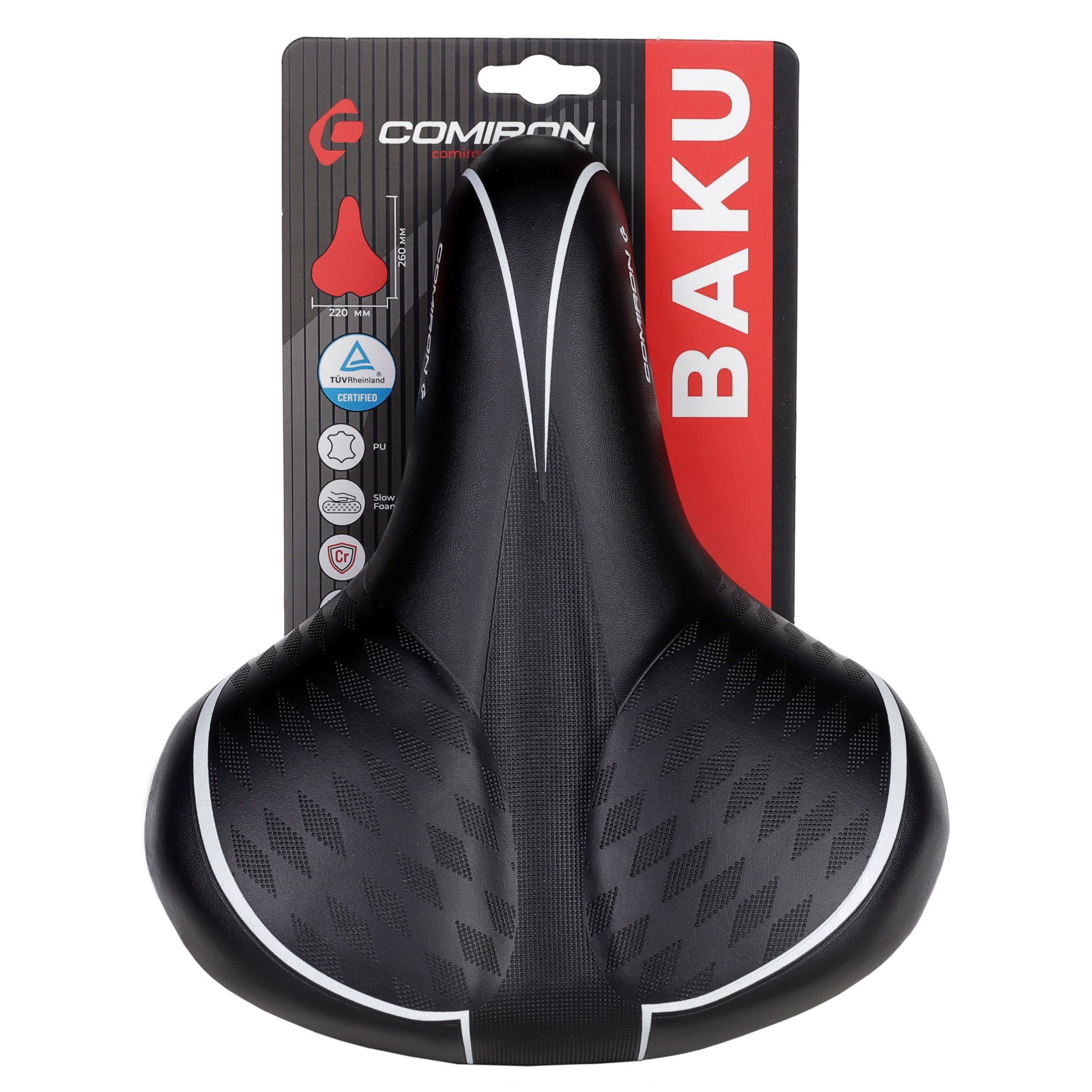 Седло велосипедное комфортное COMIRON BAKU N672DBW / N671DBW 260x220, технологии: DW, ED, полиуретан, черный с белым Седло велосипедное комфортное COMIRON BAKU N672DBW / N671DBW 260x220, технологии: DW, ED, полиуретан, черный с белым