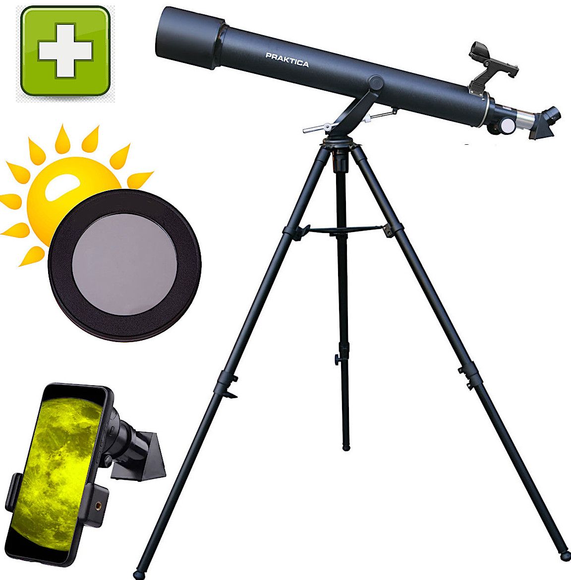 ТелескопPrakticaAltair80/720AZссолнечнымфильтром,адаптердлясмартфона,LEDискатель