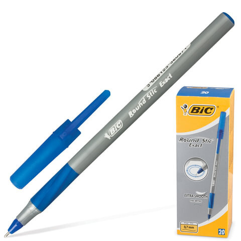 Ручка шариковая с грипом BIC "Round Stic Exact", СИНЯЯ, корпус серый, узел 0,8 мм, линия письма 0,3 мм, #1