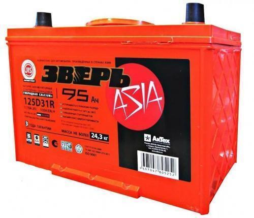Аккумулятор автомобильный ЗВЕРЬ 95 А.ч Asia 125D31R Прямая полярность ...