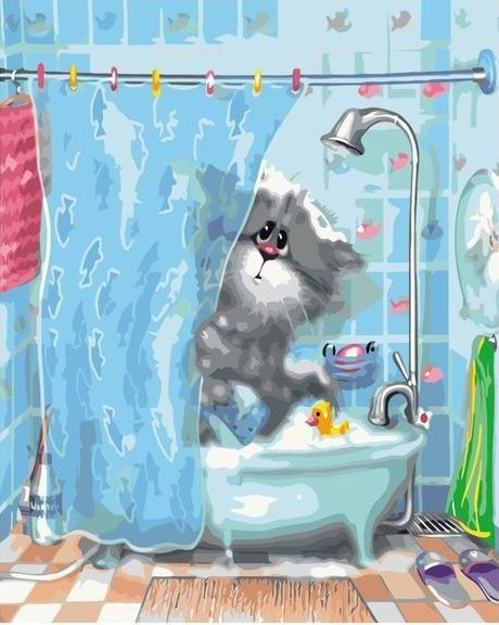 Картина по номерам на холсте с подрамником "Котик в ванной" 40x50. Животные, кот  #1