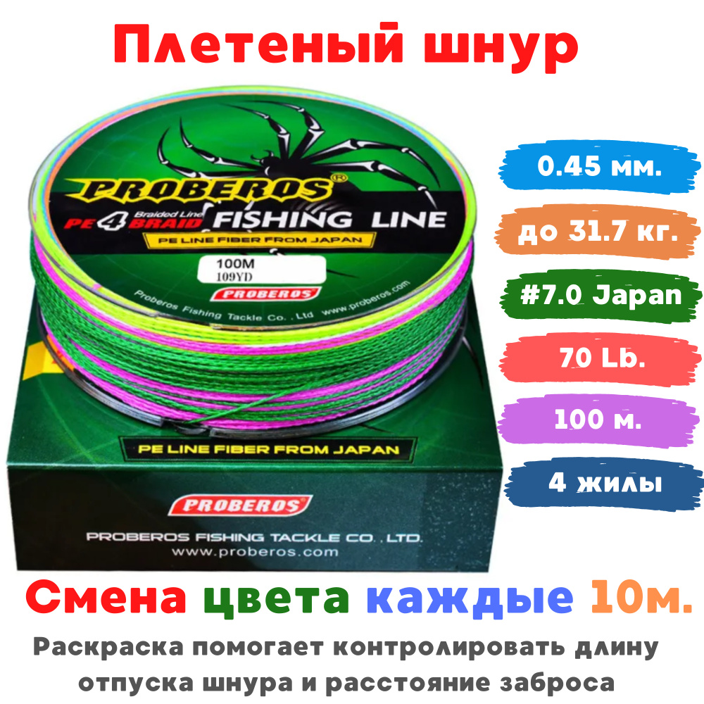 Шнур 100 м. плетёный 0,45 мм (7.0 по японии) до 31.7кг. (70 lb) четырёхжильный (4 жилы) PROBEROS для #1