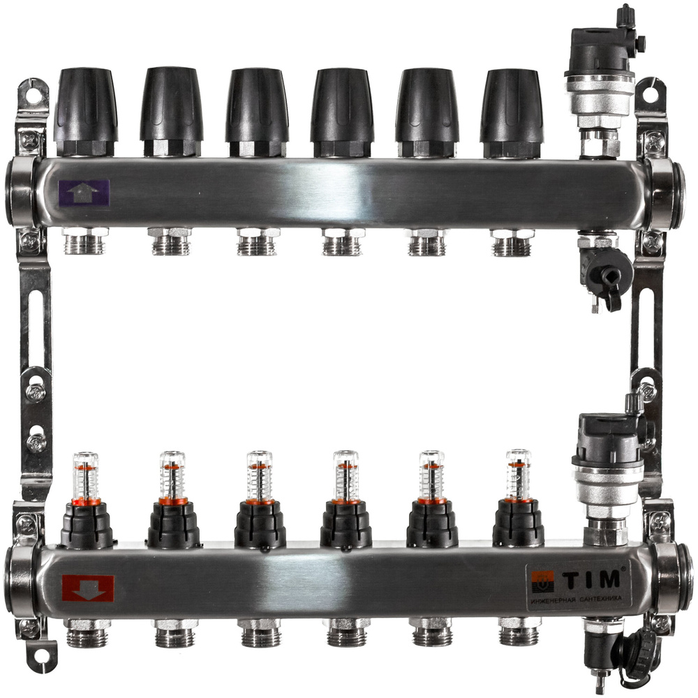 Коллекторная группа Tim (KCS5006) 1" ВР-ВР, 6 отводов 3/4", нержавеющая сталь, расходомер, воздухоотводчик, #1