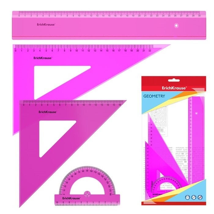 Набор геометрический ErichKrause Neon, пластиковый, большой (линейка, 2 угольника, транспортир), розовый, #1