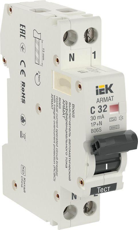 Выключатель автоматический дифференциального тока 2п (1P+N) C 32А 30мА тип A АВДТ B06S 18мм ARMAT IEK #1
