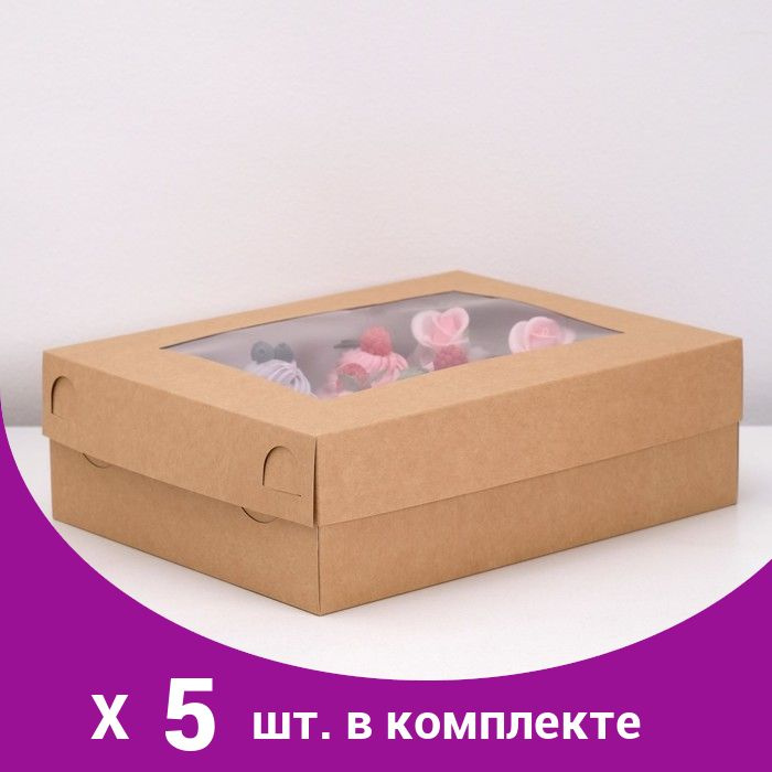 Коробка на 12 капкейков с окном, крафт, 32,5 х 25,5 х 10 см (5 шт)  #1