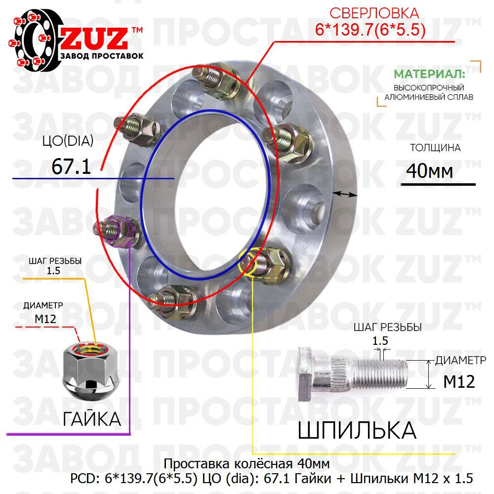 Проставка для дисков 1 шт 40мм: 6*139.7(6*5.5) ЦО (dia): 67.1мм / с  бортиком / крепёж в комплекте Гайки + Шпильки M12 * 1.5 применяемость:  Chery Fiat Jinbei Mitsubishi Ram Toyota maket1576, арт