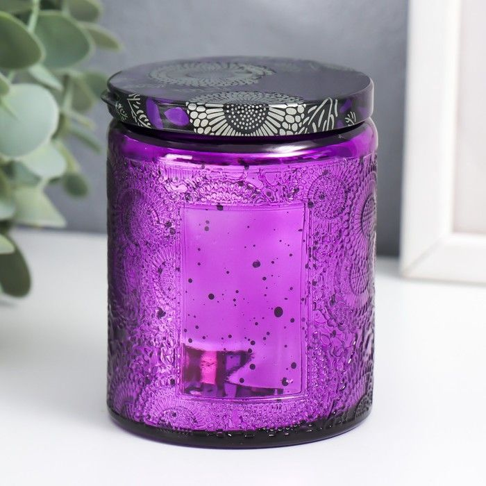 Банка для свечей стекло с крышкой "Цветочная" фиолет, цилиндр, гальваника 9х7х7 см  #1