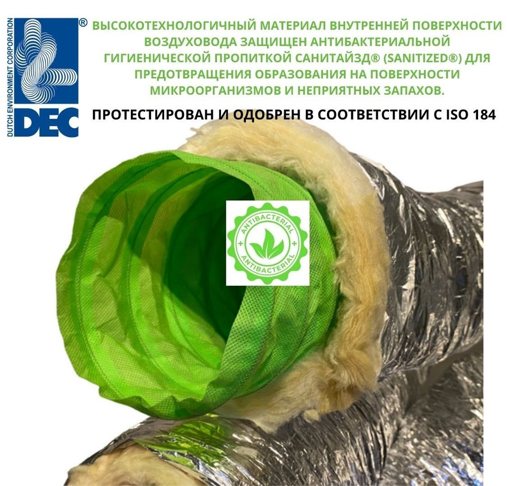 Антибактериальный утепленный шумопоглощающий гибкий алюминиевый воздуховод Sonodec Greendec-127мм x 10м #1