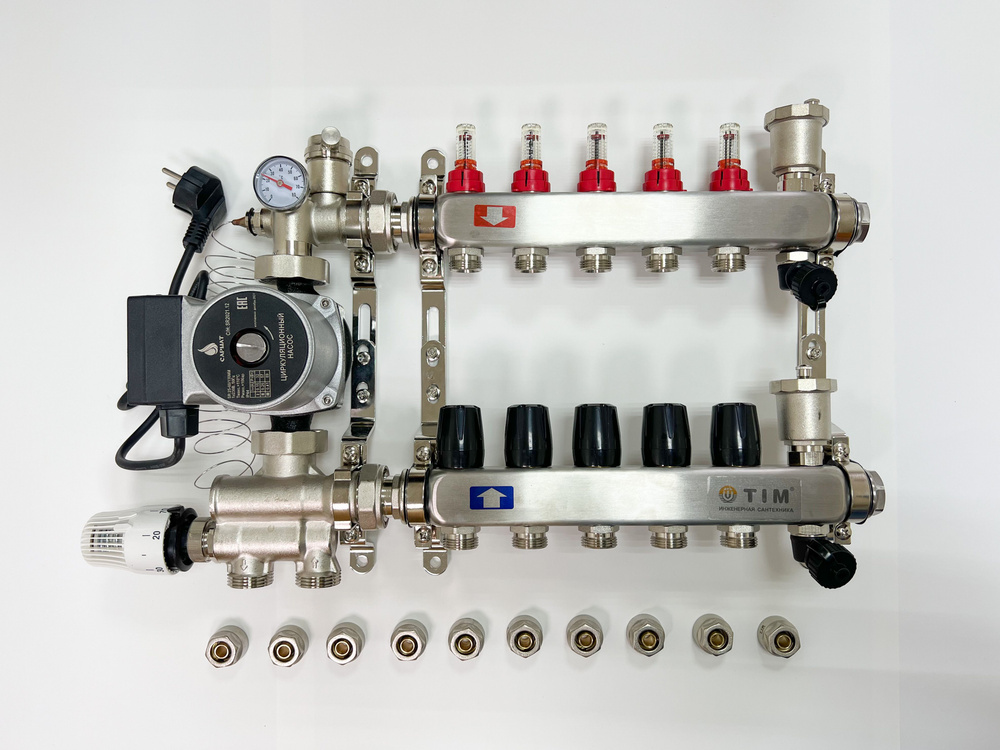 Комплект для водяного теплого пола с насосом: Коллектор 5 выхода с ...