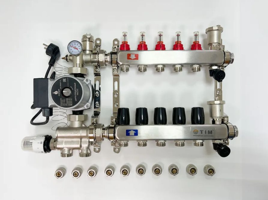 Комплект для водяного теплого пола с насосом, коллектором на 5 выхода с расходомерами, смесительным узлом, #1