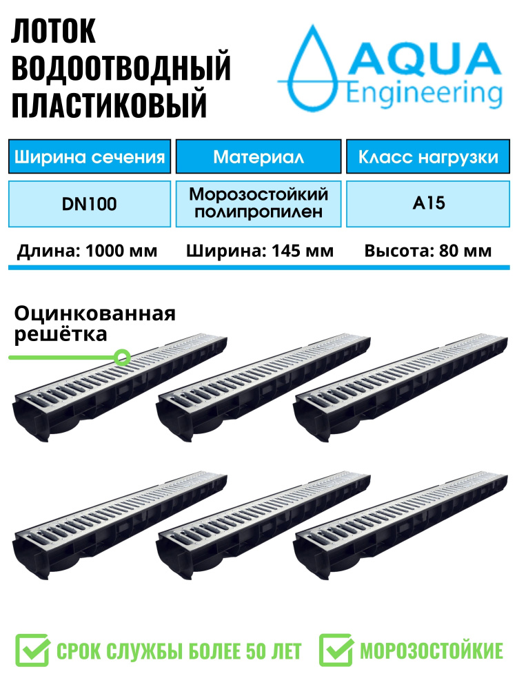 Лоток водоотводный пластиковый дренажный, с решеткой штампованной оцинкованной, 1000x145x80 (6 шт)  #1