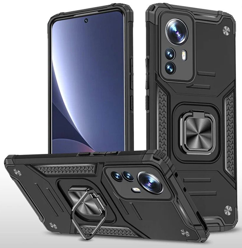 Противоударный чехол для Xiaomi 12 / 12X черный с пластиной для магнитного автодержателя и кольцом подставкой #1