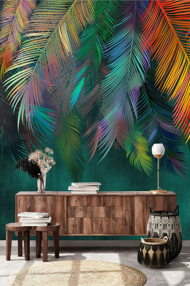 Фотообои Dekor Vinil "Цветные пальмовые листья на изумрудном фоне" для спальни, гостиной, кухни, детской #1
