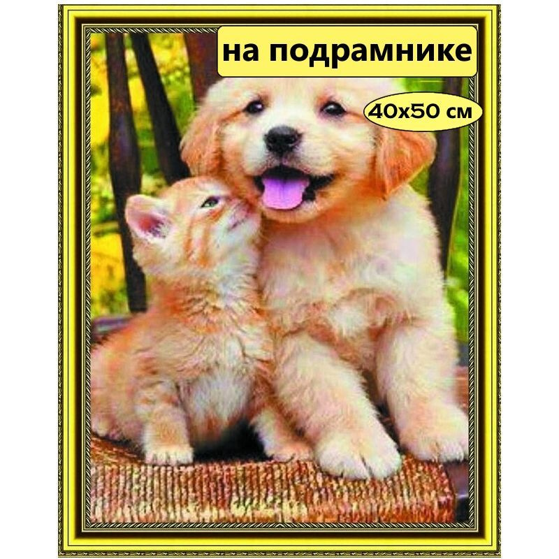 Алмазная мозаика 40*50 на подрамнике / Картина стразами "Котенок и щенок"  #1