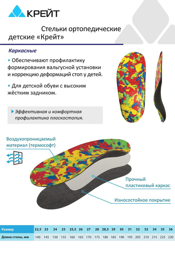 Стельки ортопедические детские каркасные при плоскостопии, размер 27 ...