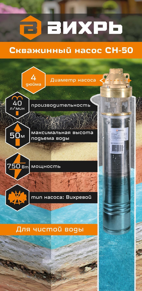 Скважинный насос СН-50 Вихрь, 750 Вт, 40 л/мин, напор 50м - купить по ...