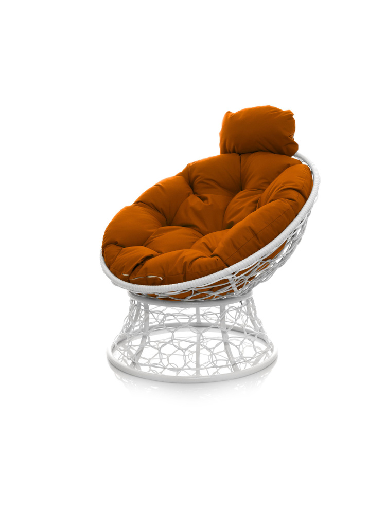 Кресло ПАПАСАН мини с ротангом белое, оранжевая подушка  #1