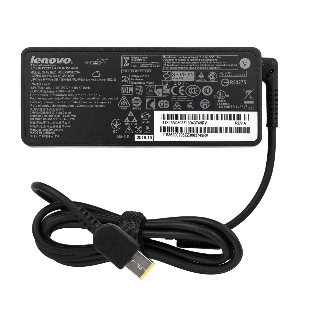 Блок питания 20V 4.5A прямоугольный разъем 90W для ноутбука Lenovo X1  Carbon , G500 G700 G710 G510 G500S B5400 , ThinkPad T440 IdeaPad Z510 Yoga  730-15IKB 15IWL IdeaPad 720-15IKB / ADLX90NLC3A -