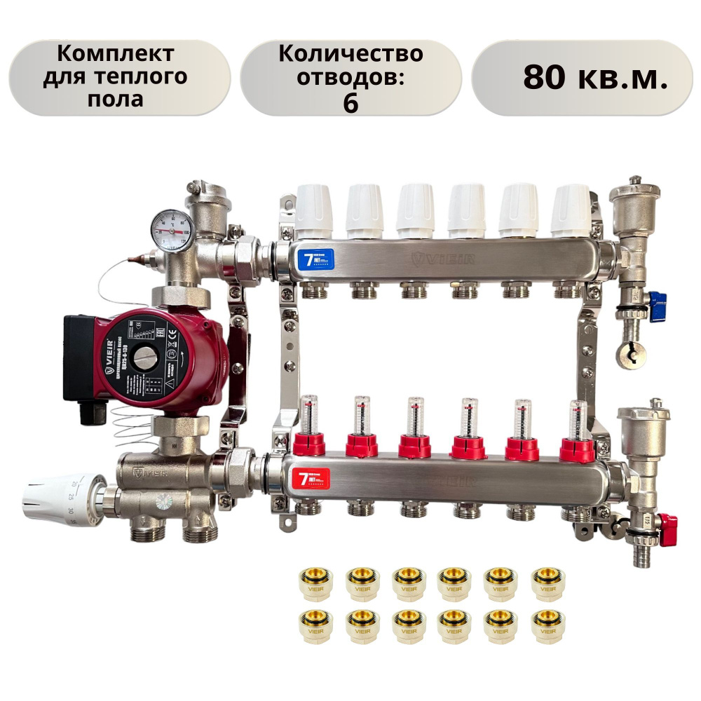 КОМПЛЕКТ ViEiR для теплого пола водяного: Коллектор из нержавеющей стали на 6 выходов с расходомерами #1