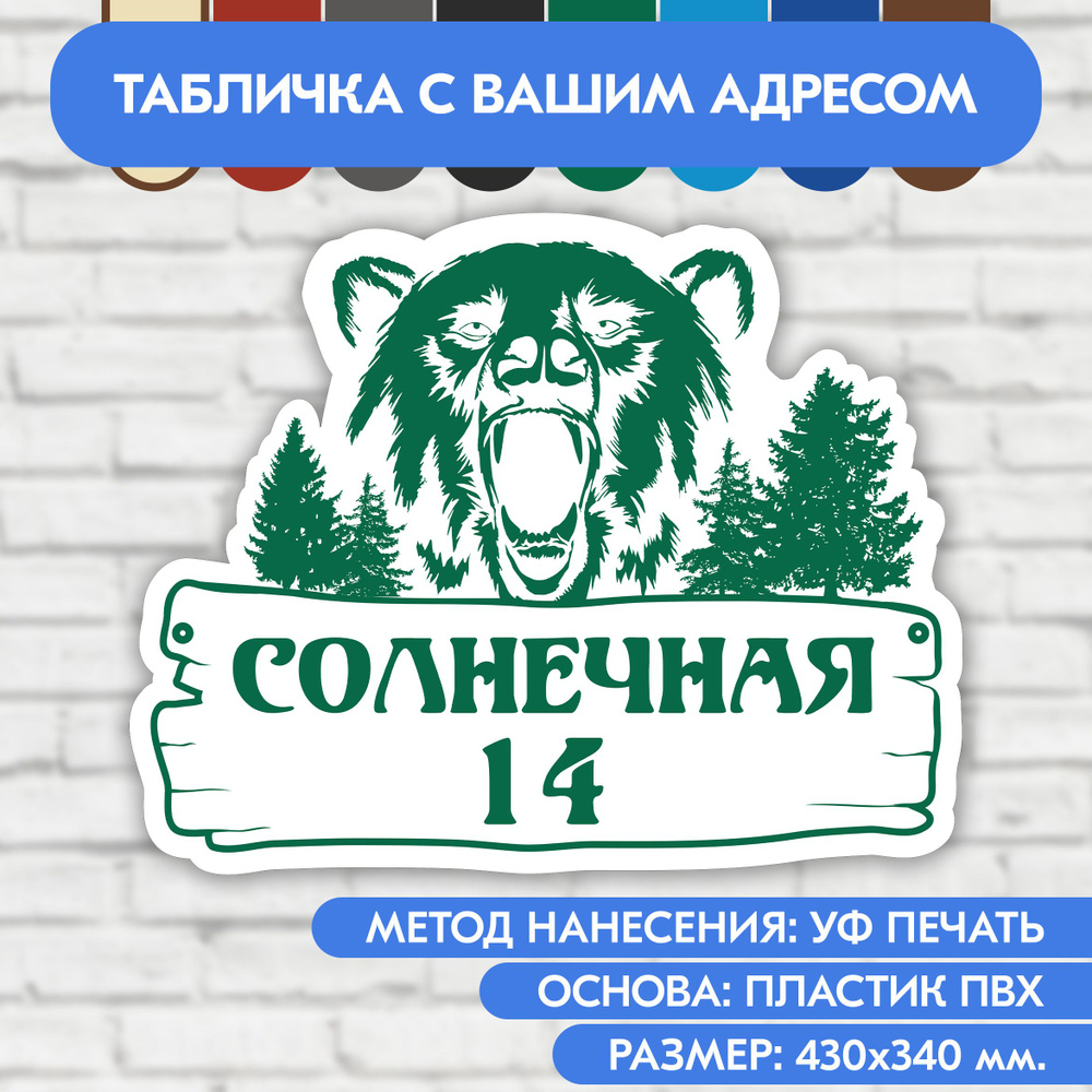 Адресная табличка на дом 430х340 мм. "Домовой знак Медведь", бело- зелёная, из пластика, УФ печать не #1