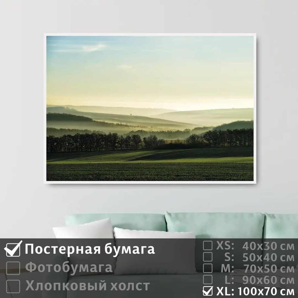Постер на стену Туман И Солнце На Панорамном Поле С Лесом 100х70 см ПолиЦентр #1